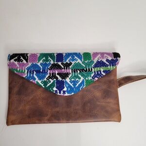Handcrafted Antiqua-Guatemala Leather Huipil Clutch Wristlet Brown Multi Boho